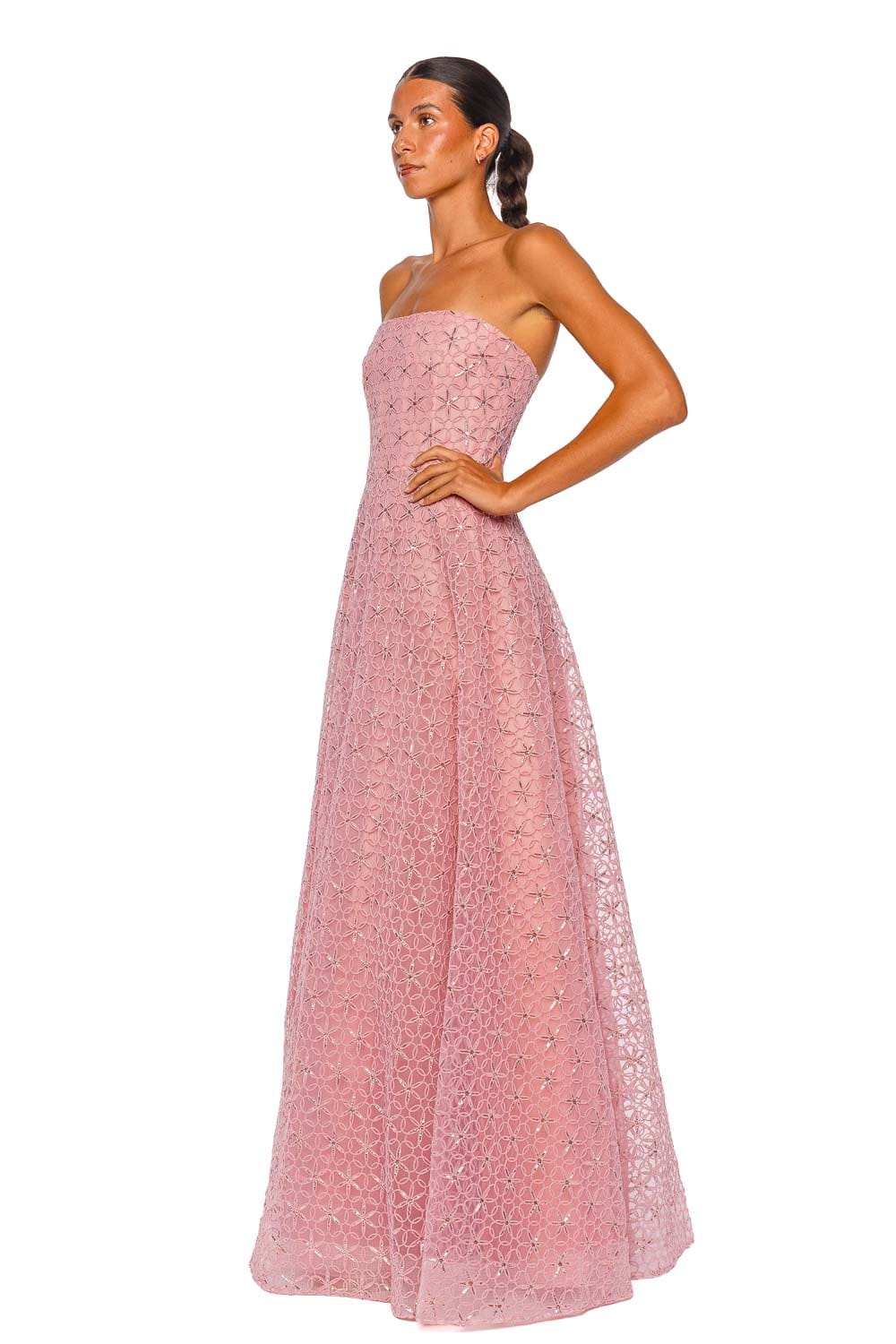 Naeem Khan Floral Cording Pink Strapless Gown