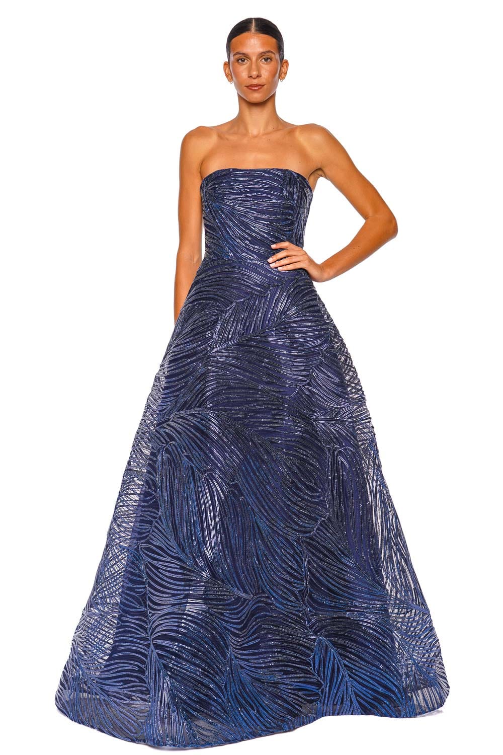 Naeem Khan Metallic Raffia Navy Strapless Ball Gown
