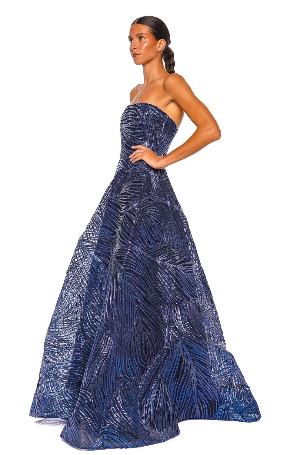 Naeem Khan Metallic Raffia Navy Strapless Ball Gown