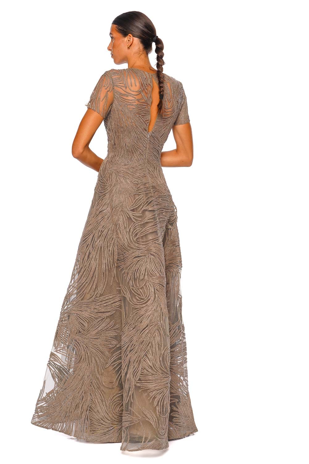 Naeem Khan Short Sleeve Illusion Neckline Raffia Stone Grey Gown