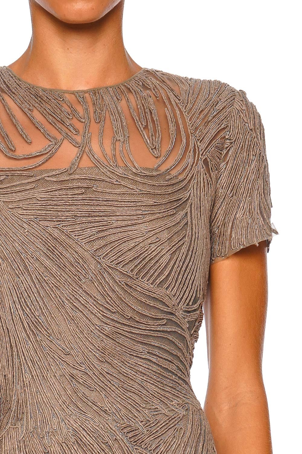 Naeem Khan Short Sleeve Illusion Neckline Raffia Stone Grey Gown