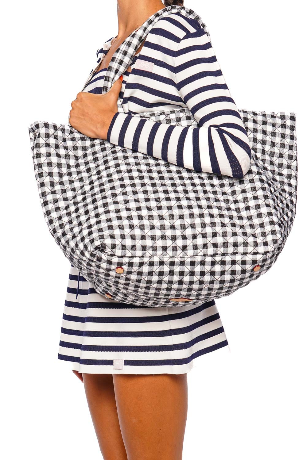 MZ Wallace Large Metro Tote Deluxe II Black White Gingham Quilted Tote Bag