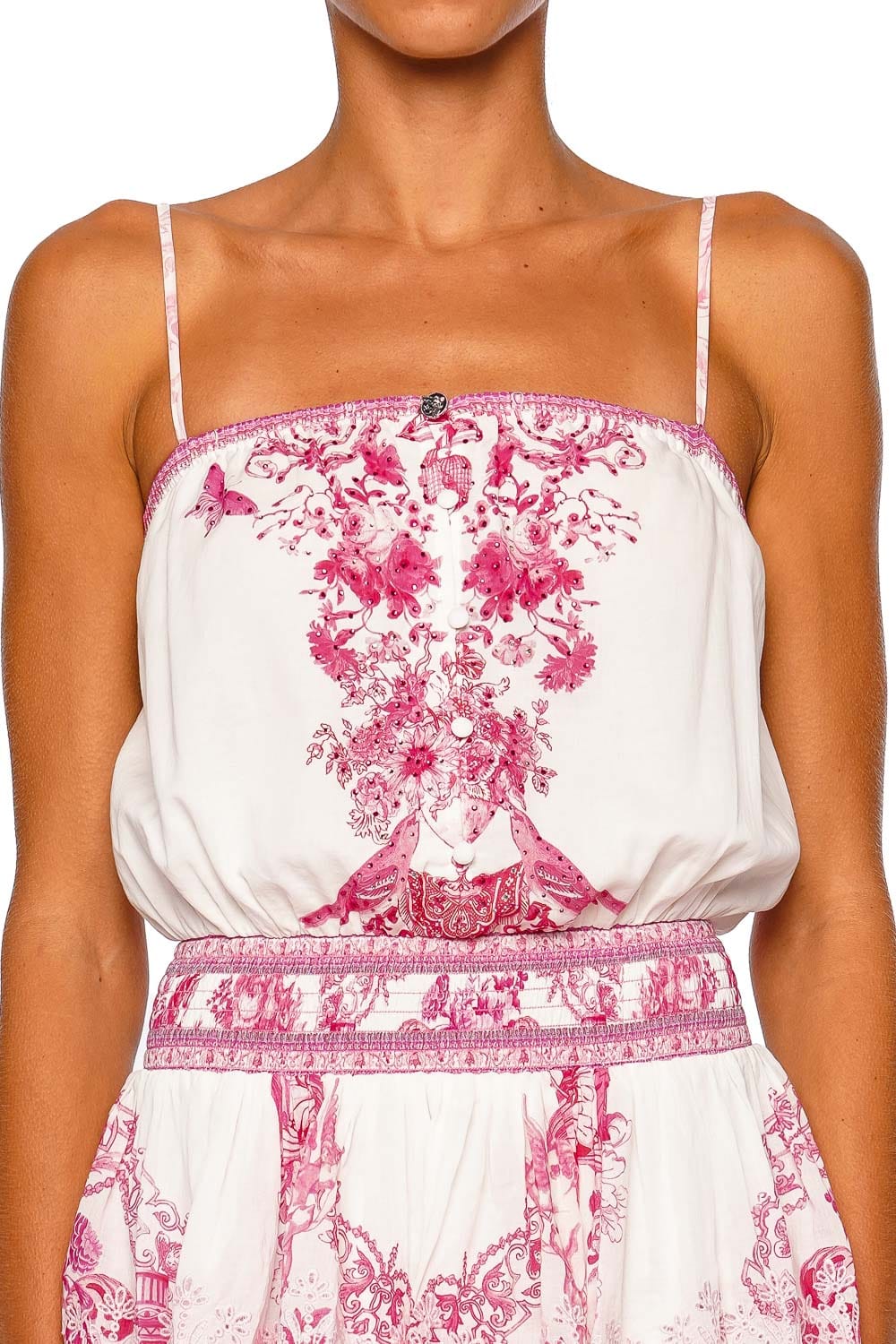 Camilla Shirred Waist Mini Dress Pink Strappy Mini Dress