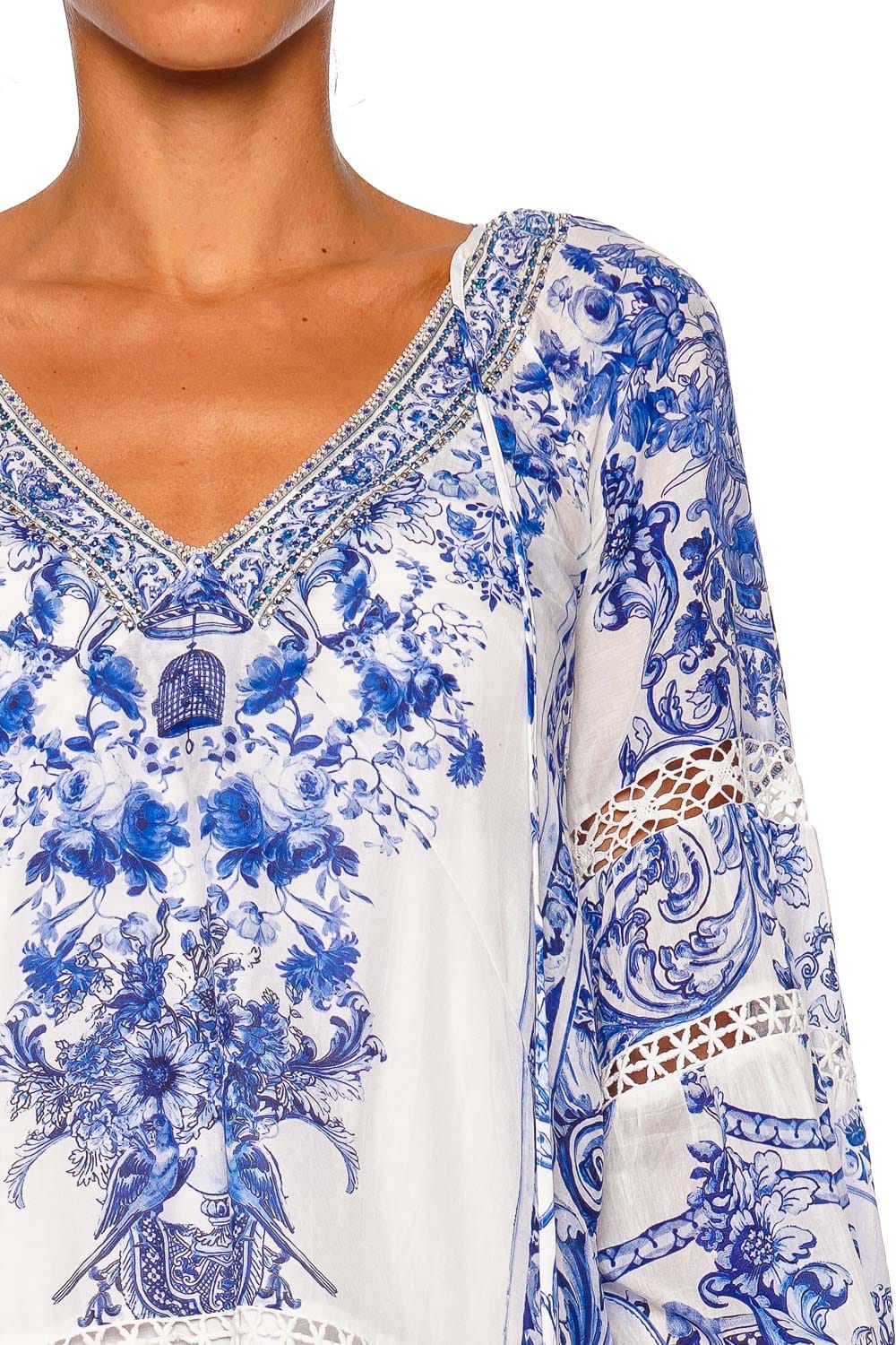 Camilla A-Line Gathered Panel Blue Bell Sleeve Mini Dress