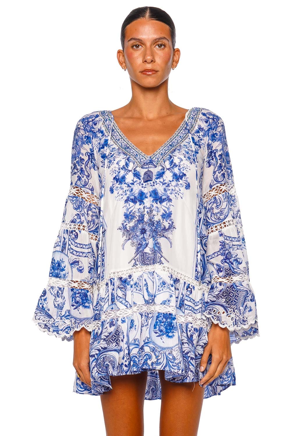 Camilla A-Line Gathered Panel Blue Bell Sleeve Mini Dress