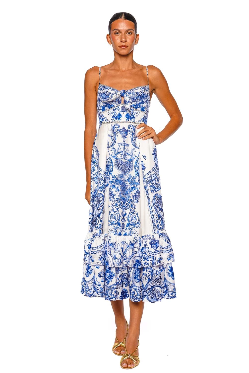Camilla Ceramic Panoramic Tie Front Ruffled Midi Dress