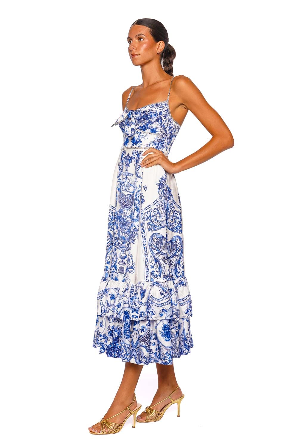 Camilla Ruffle Hem Tie Front Blue Strappy Midi Dress