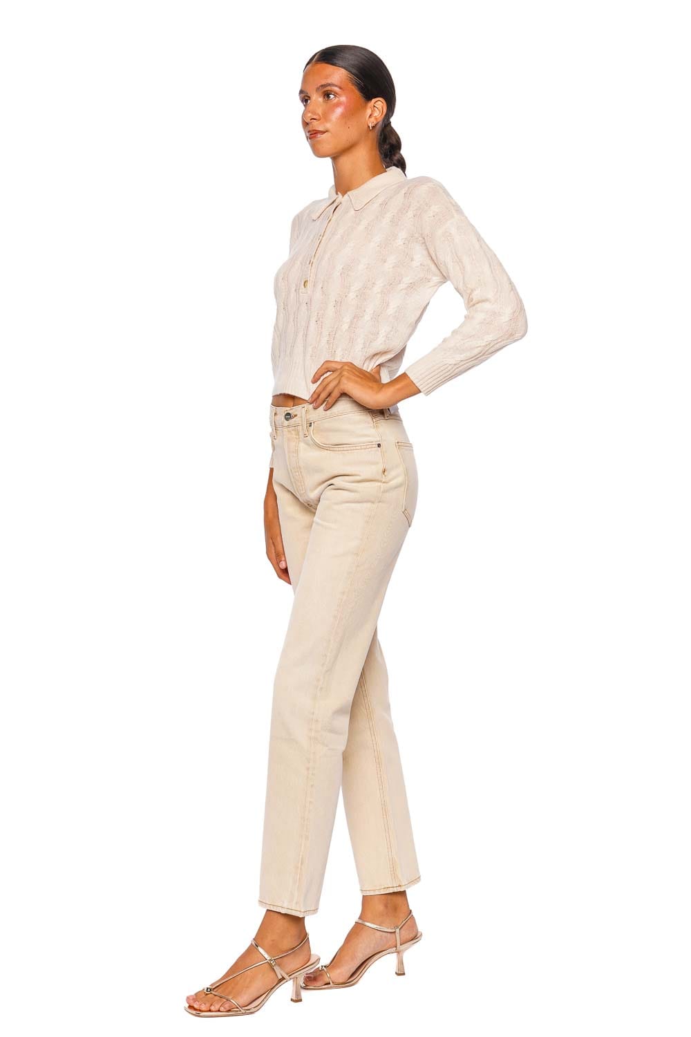 L'AGENCE Airy Ivory Long Sleeve Collared Cable Knit Sweater
