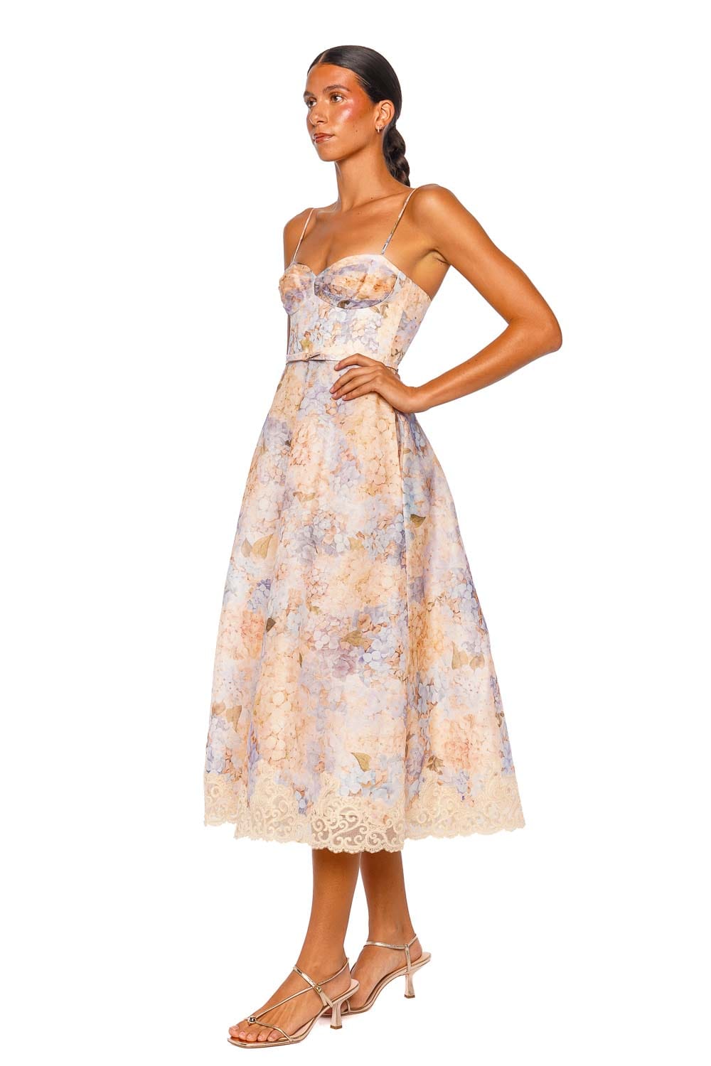 ZIMMERMANN Valiant Tucked Blue Hydrangea Lace Trim Midi Dress