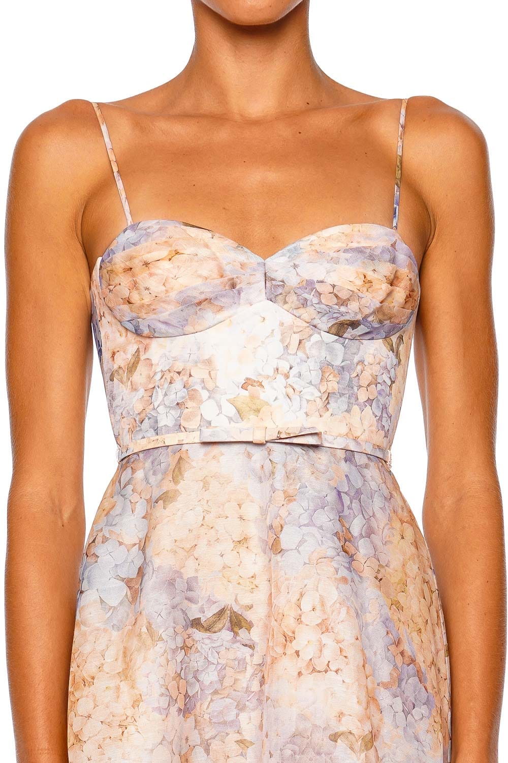 ZIMMERMANN Valiant Tucked Blue Hydrangea Lace Trim Midi Dress