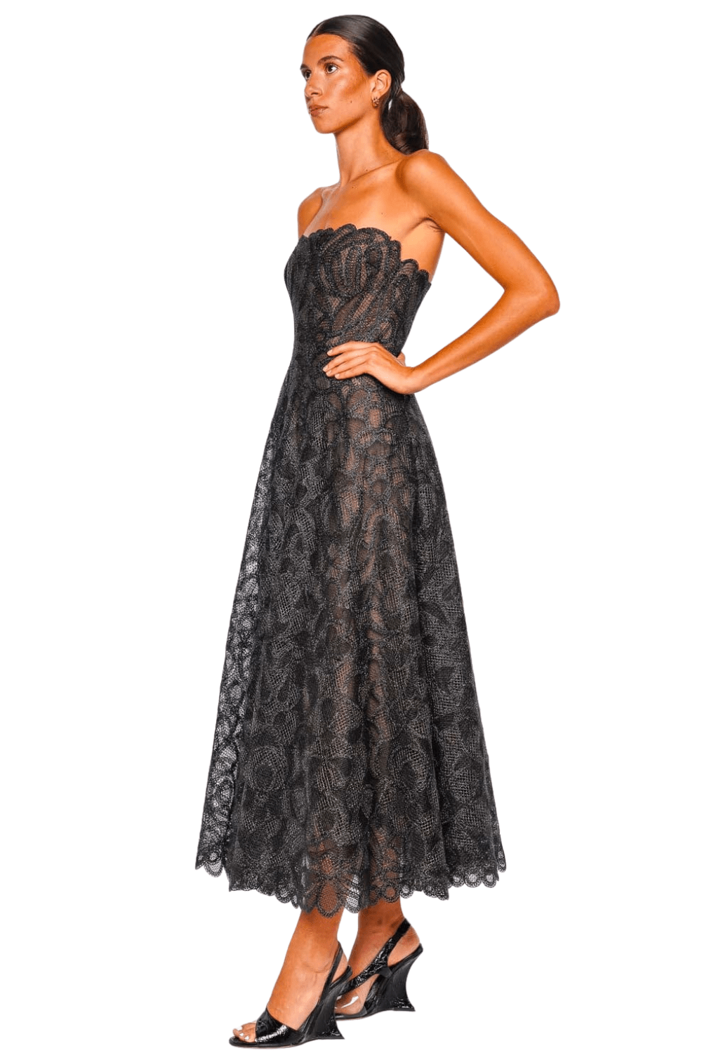SIMKHAI Elvina Black Lace Strapless Bustier Midi Dress