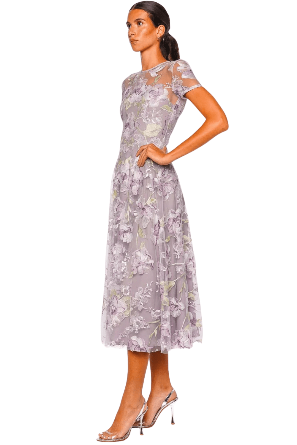 Naeem Khan Lilac Floral Illusion Short Sleeve Cocktail Dress