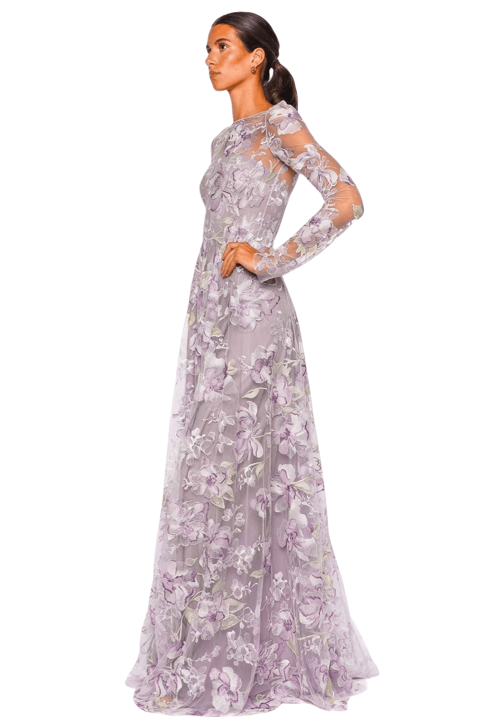 Naeem Khan Lilac Floral Illusion Neckline Long Sleeve Gown