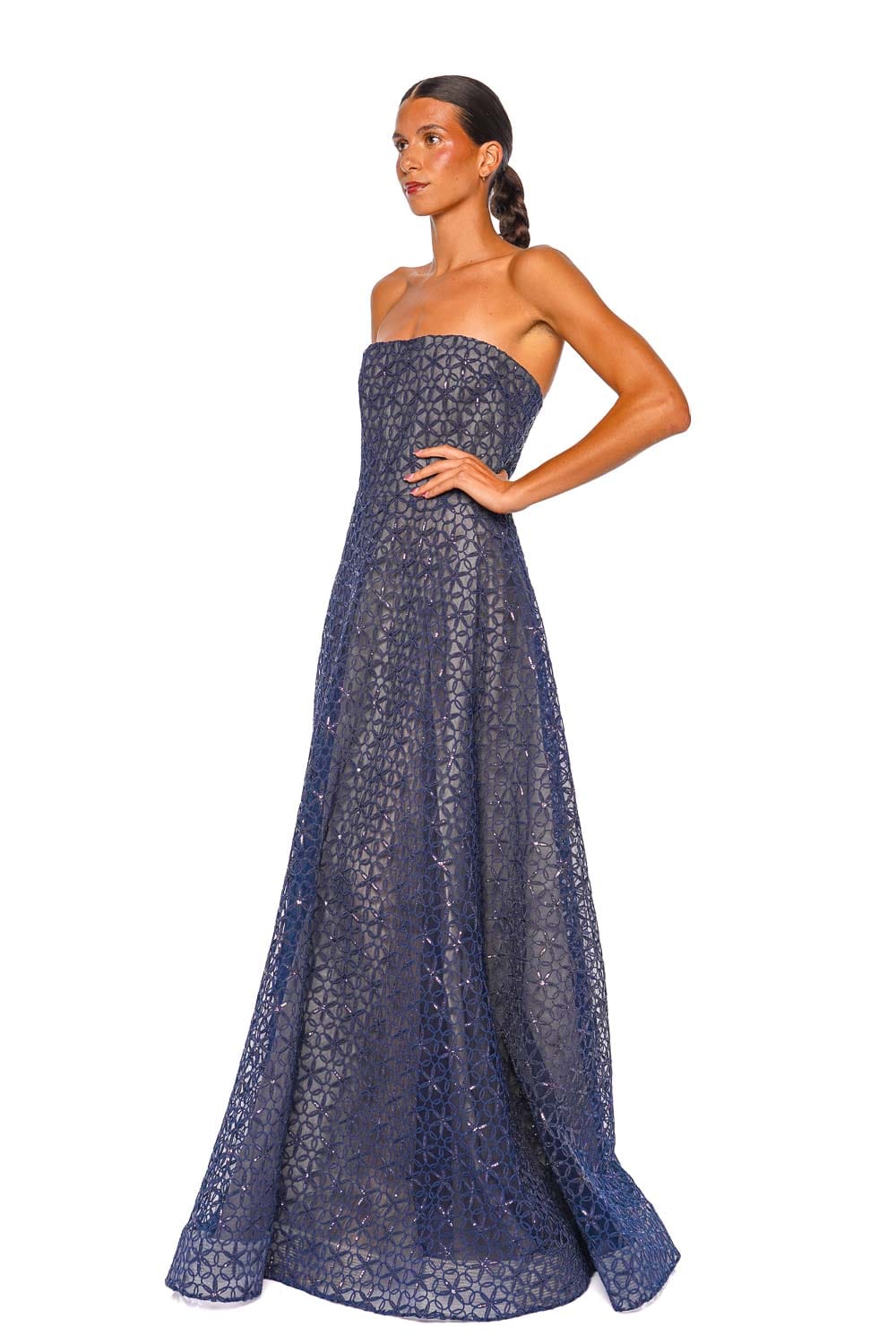 Navy Floral Cording Embellished Strapless Gown