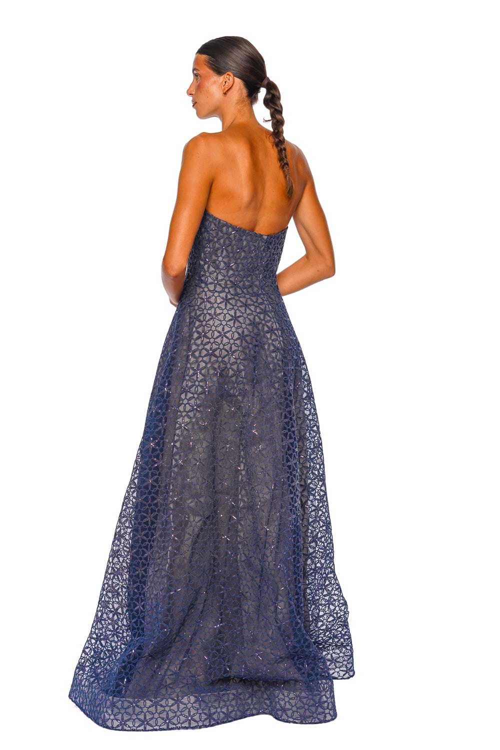 Navy Floral Cording Embellished Strapless Gown