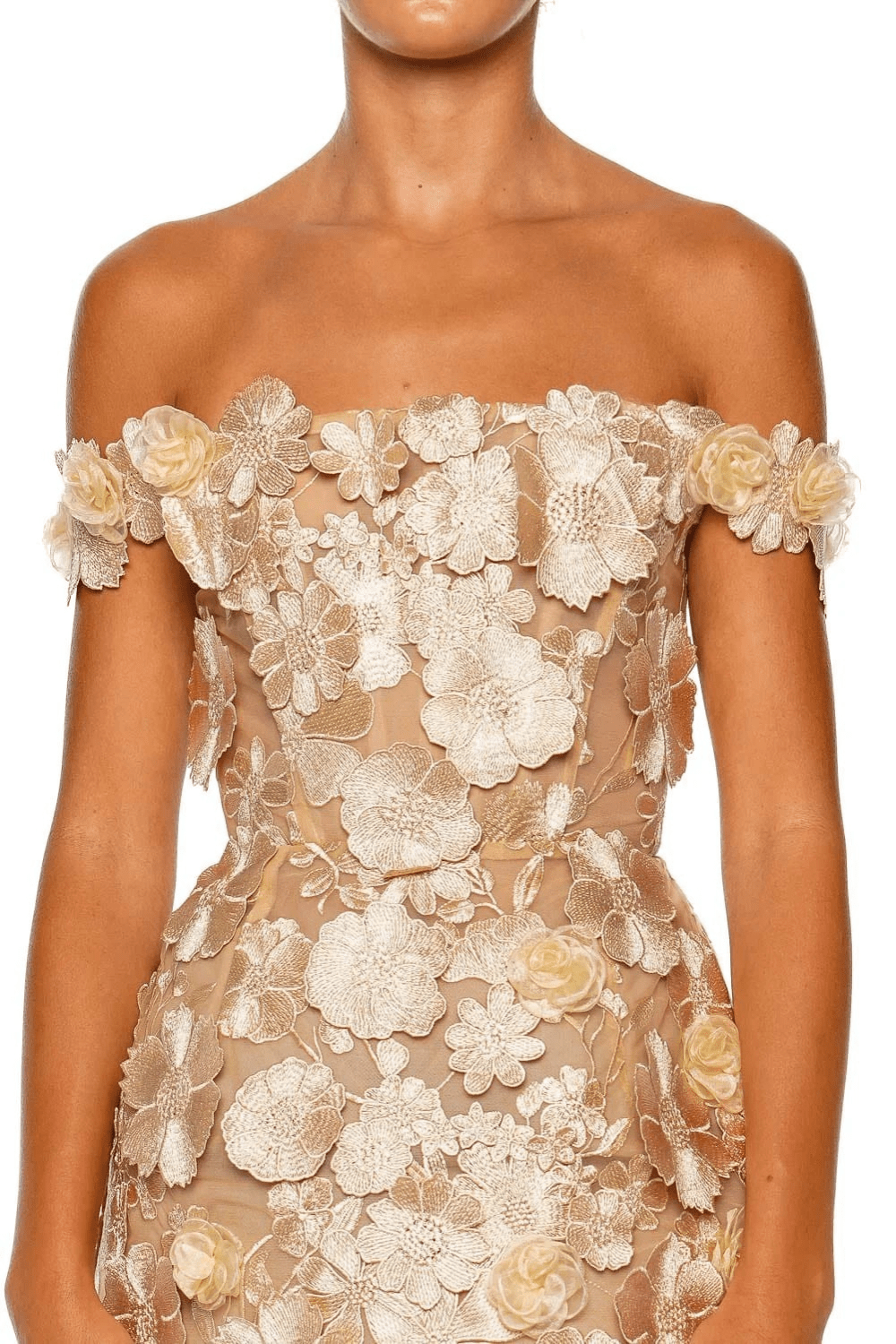 Bronx and Banco Jasmine Maraya Gold Off Shoulder Mini Dress