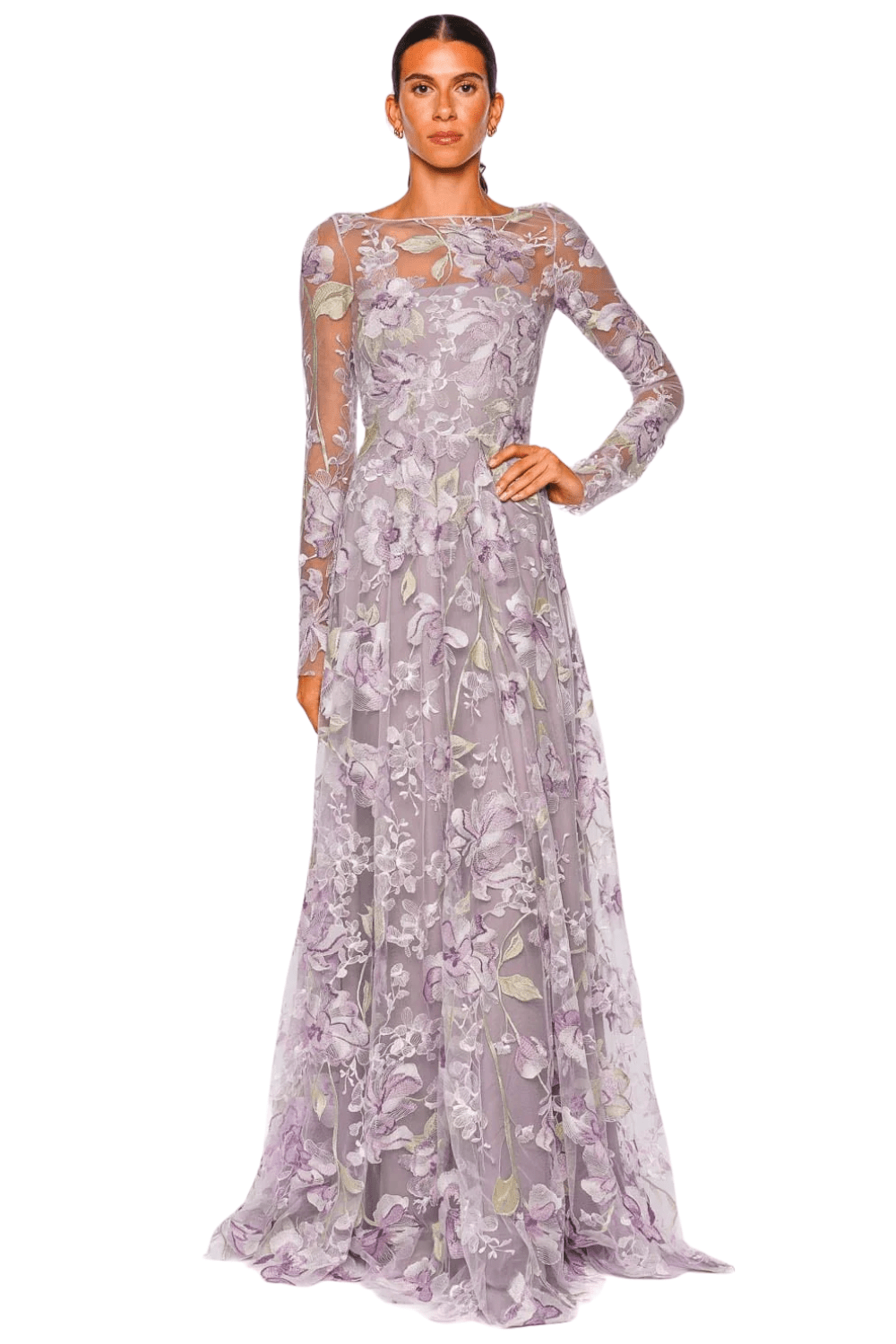 Naeem Khan Lilac Floral Illusion Neckline Long Sleeve Gown
