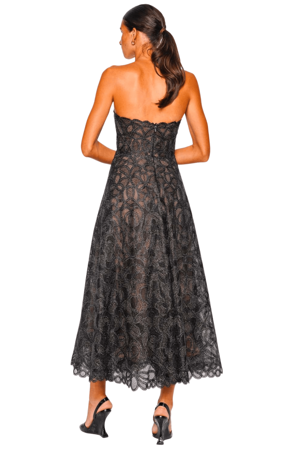 SIMKHAI Elvina Black Lace Strapless Bustier Midi Dress