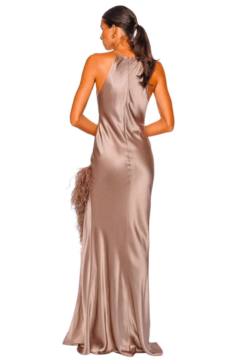 LAPOINTE Oat Satin Halter Feather Trim Gown