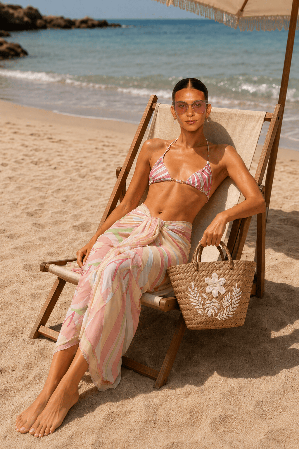 Lenora Pink Floral Beaded Triangle Bikini Top