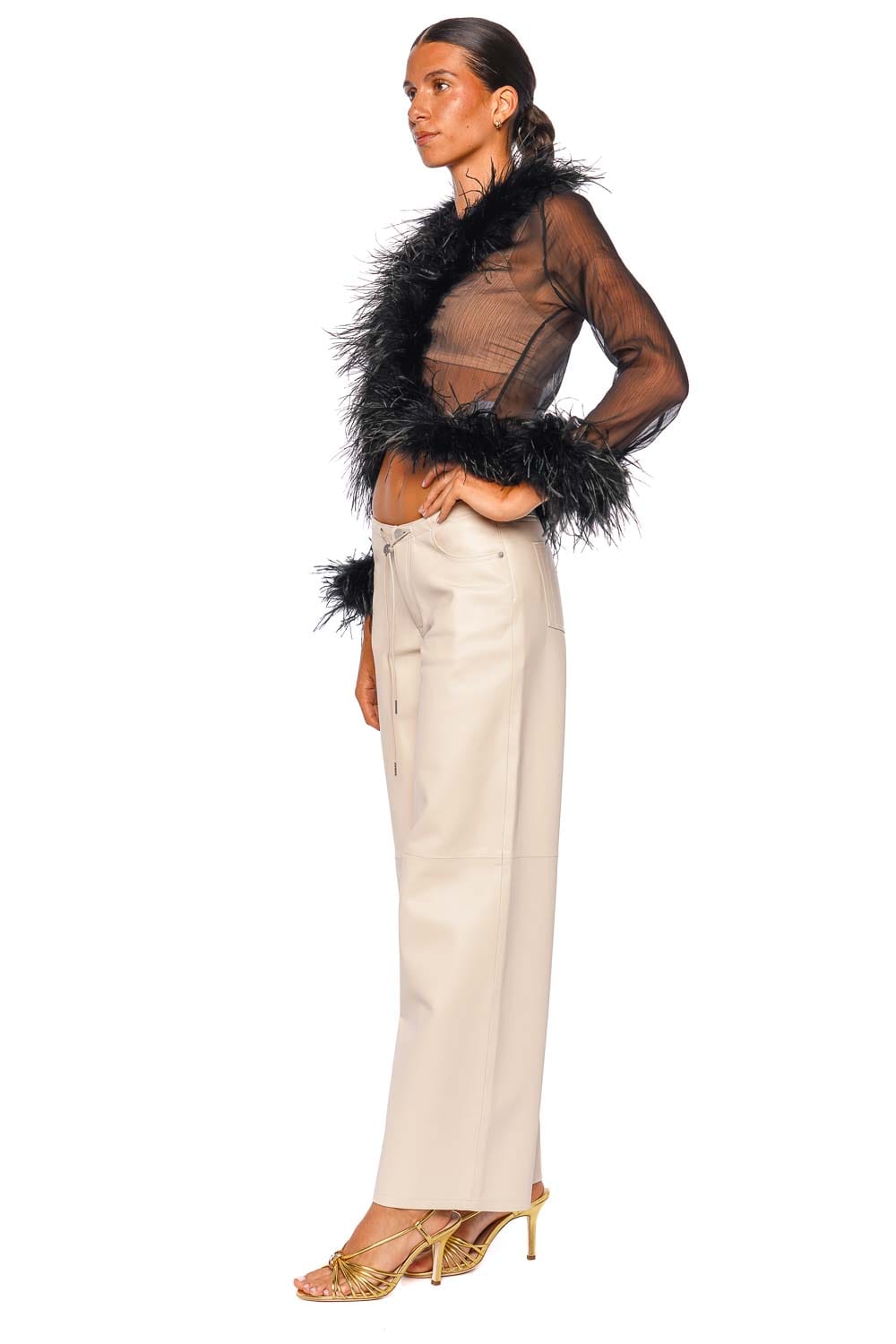 Bubish Gigi Sheer Black Feather Trim Blouse