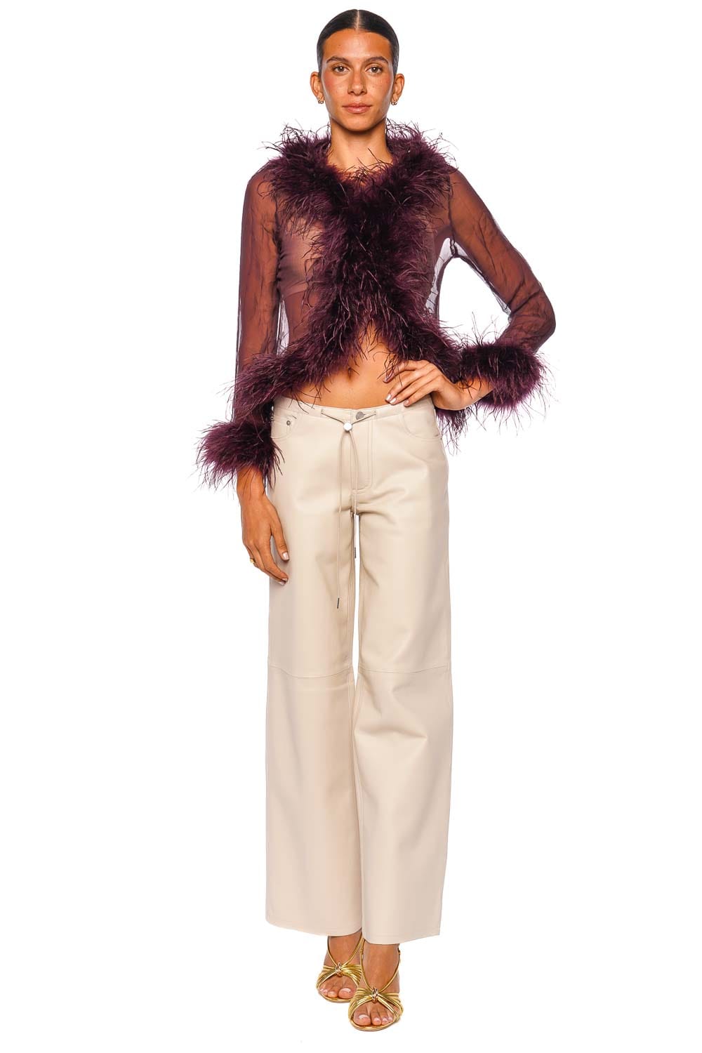 Bubish Gigi Sheer Plum Feather Trim Blouse
