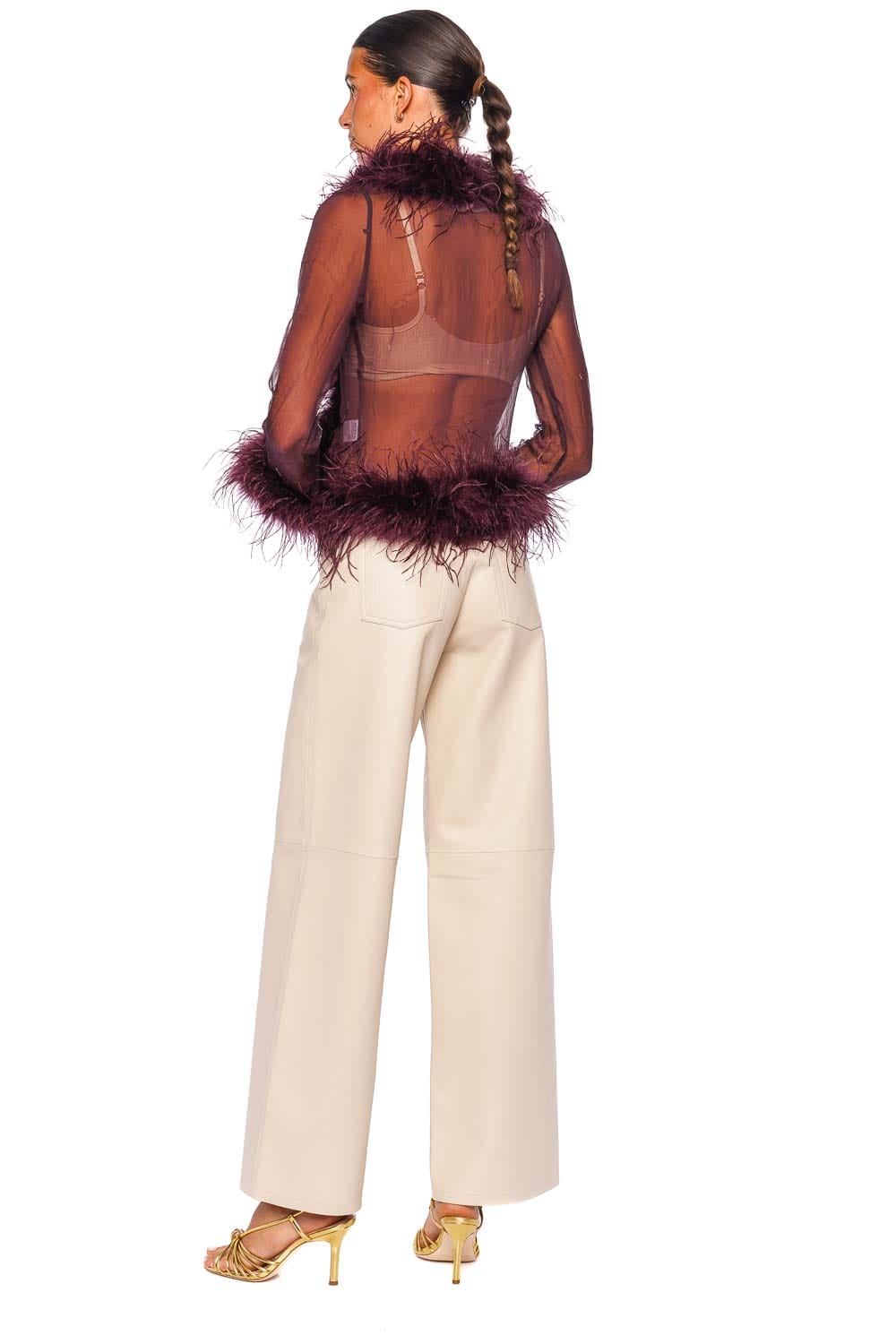 Bubish Gigi Sheer Plum Feather Trim Blouse