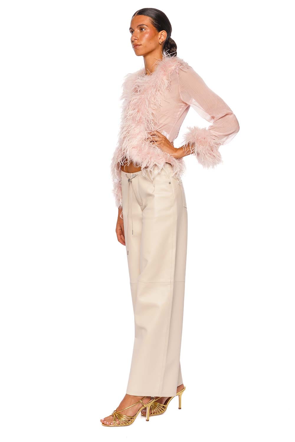 Bubish Gigi Sheer Blush Feather Trim Blouse