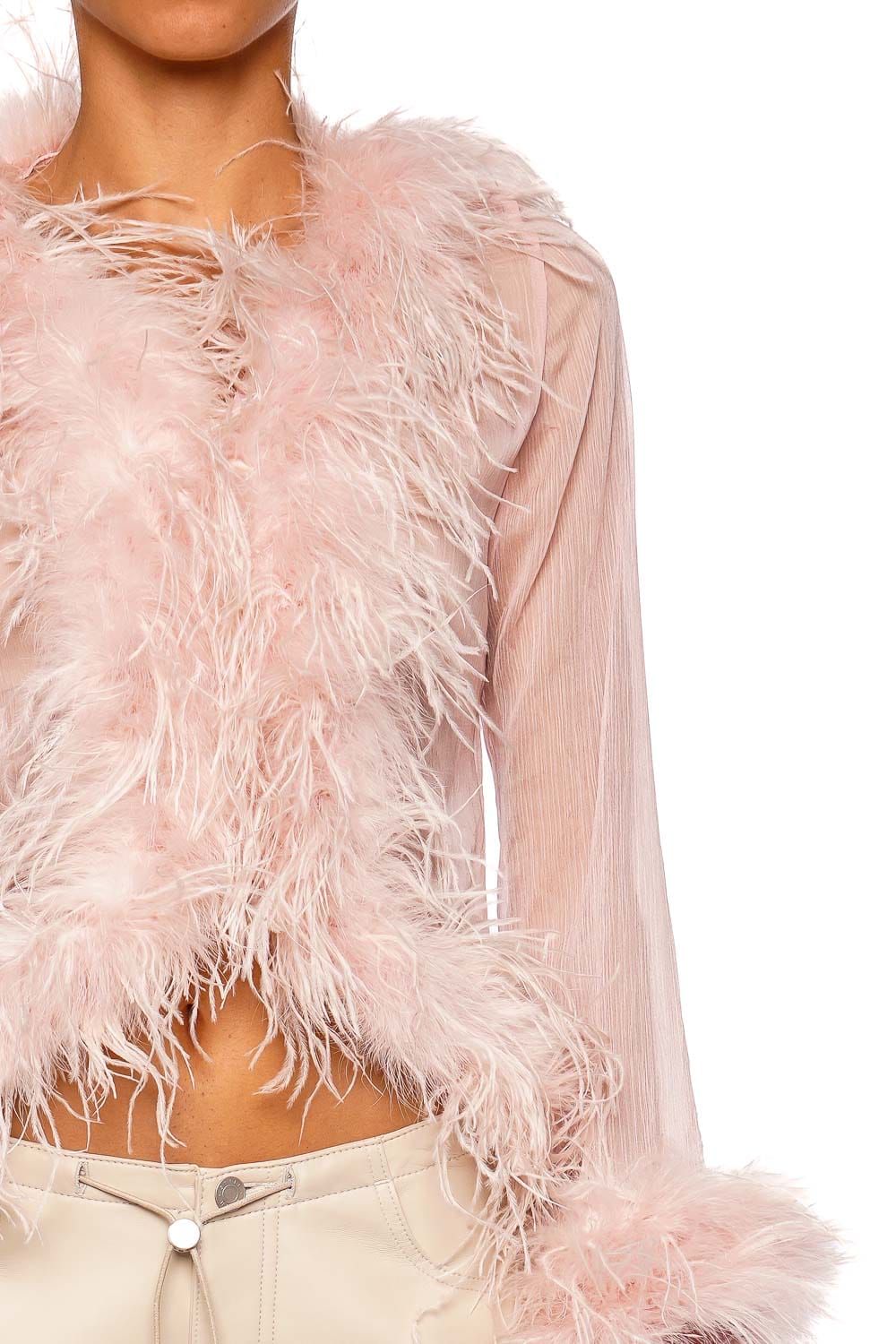 Bubish Gigi Sheer Blush Feather Trim Blouse