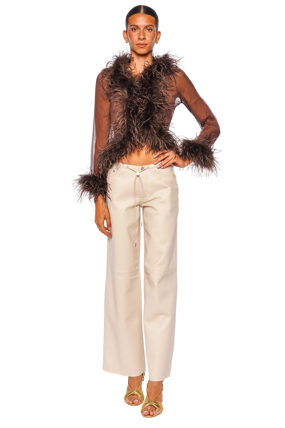 Bubish Gigi Sheer Chocolate Feather Trim Blouse