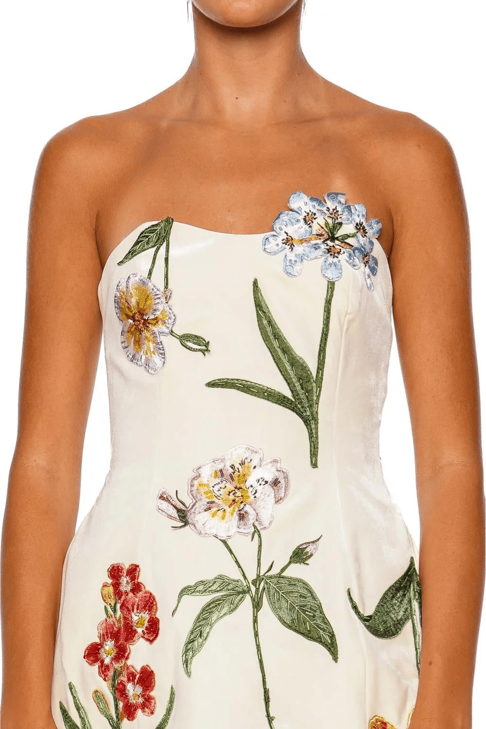 LEO LIN Rosario White Botanical Strapless Velvet Mini Dress