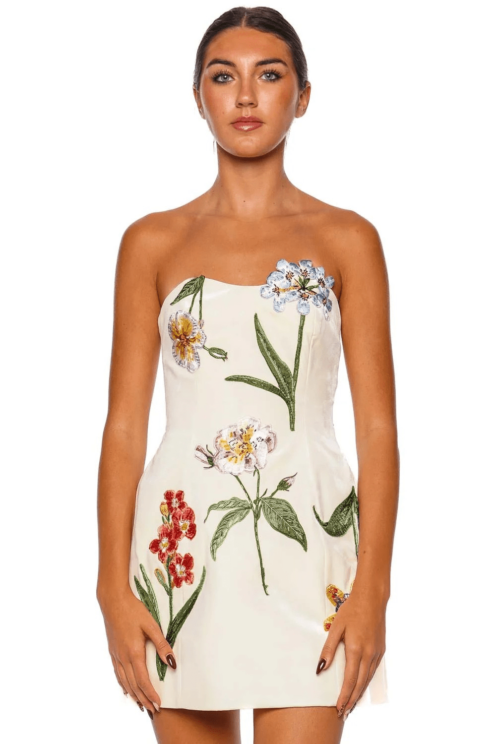 LEO LIN Rosario White Botanical Strapless Velvet Mini Dress
