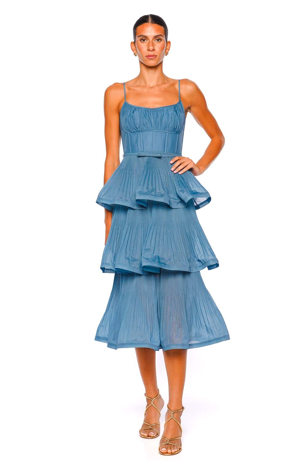 ZIMMERMANN Deep Blue Pleated Tiered Midi Dress