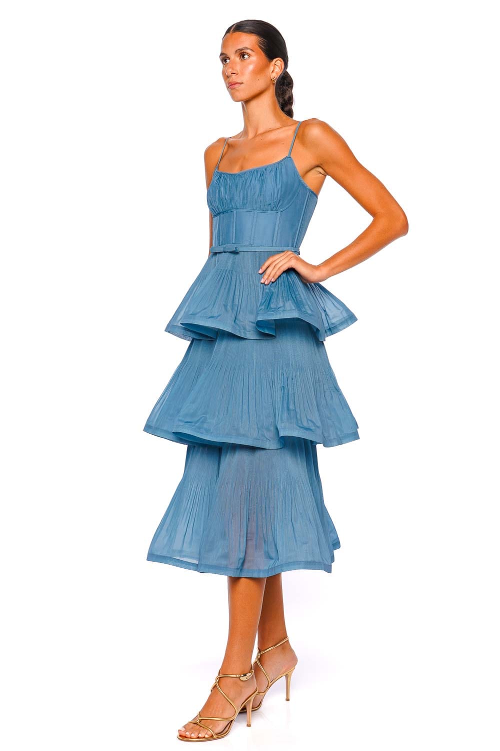 ZIMMERMANN Deep Blue Pleated Tiered Midi Dress