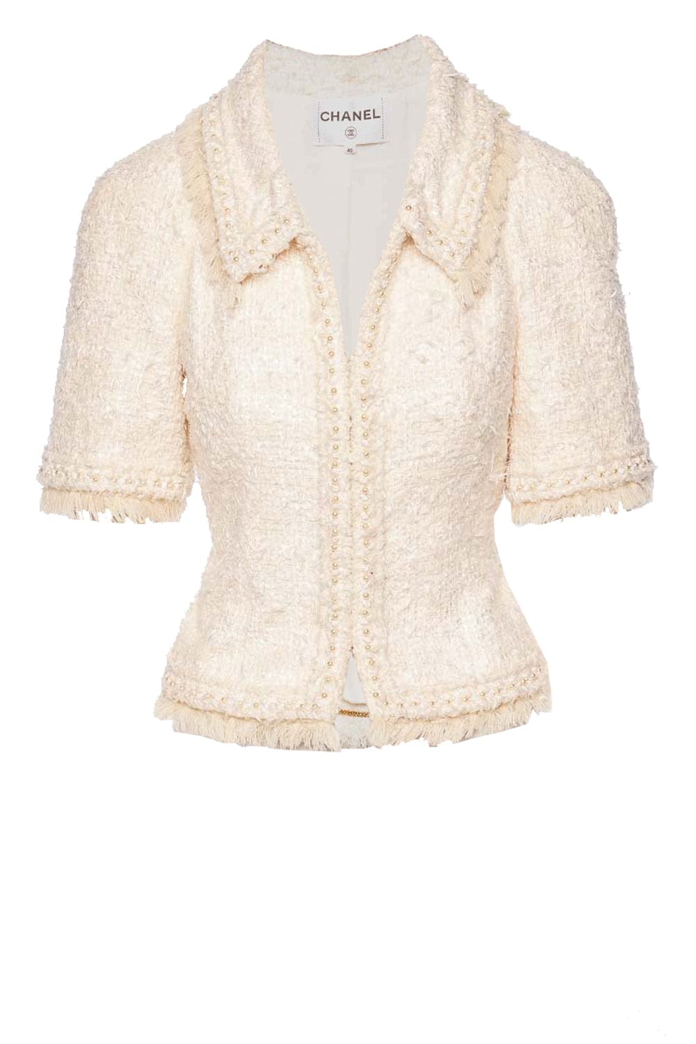 Lola's Closet Chanel 2018 CC Logo Pearl Wool Short Sleeve Jacket