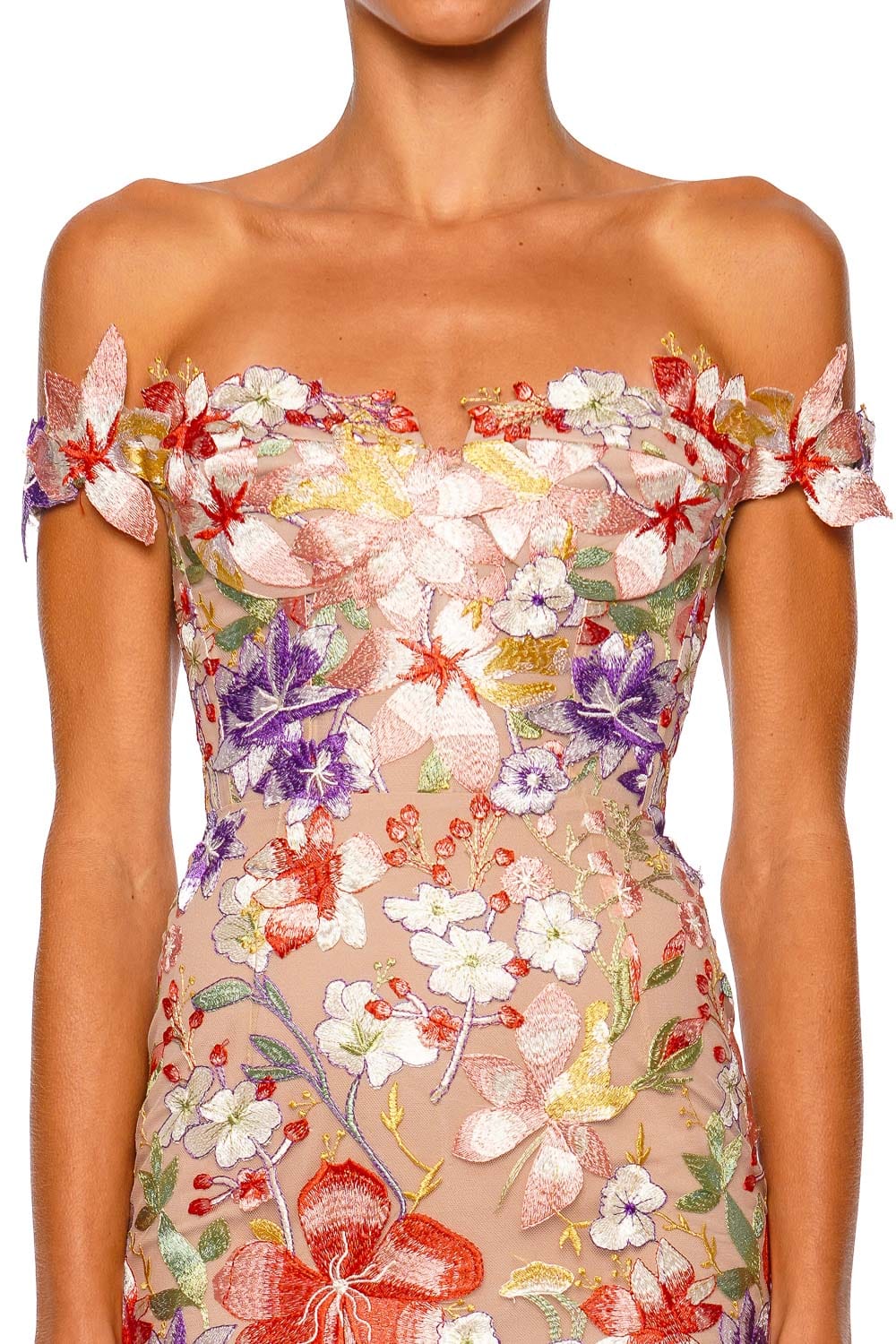 Bronx and Banco Flora 3D Coral Applique Off Shoulder Gown