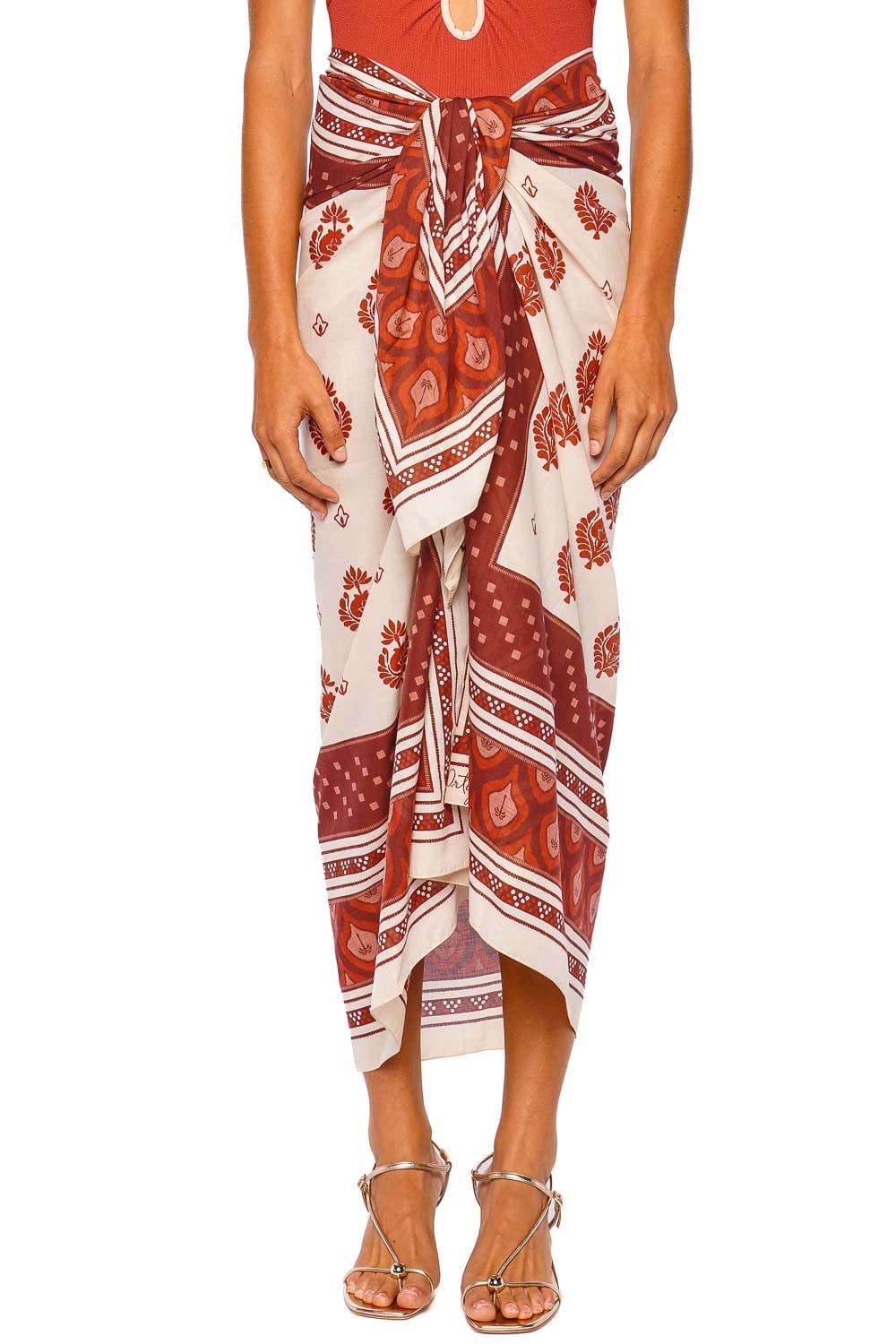Johanna Ortiz Spirit Of The Rider Ecru Wine Red Printed Pareo Skirt