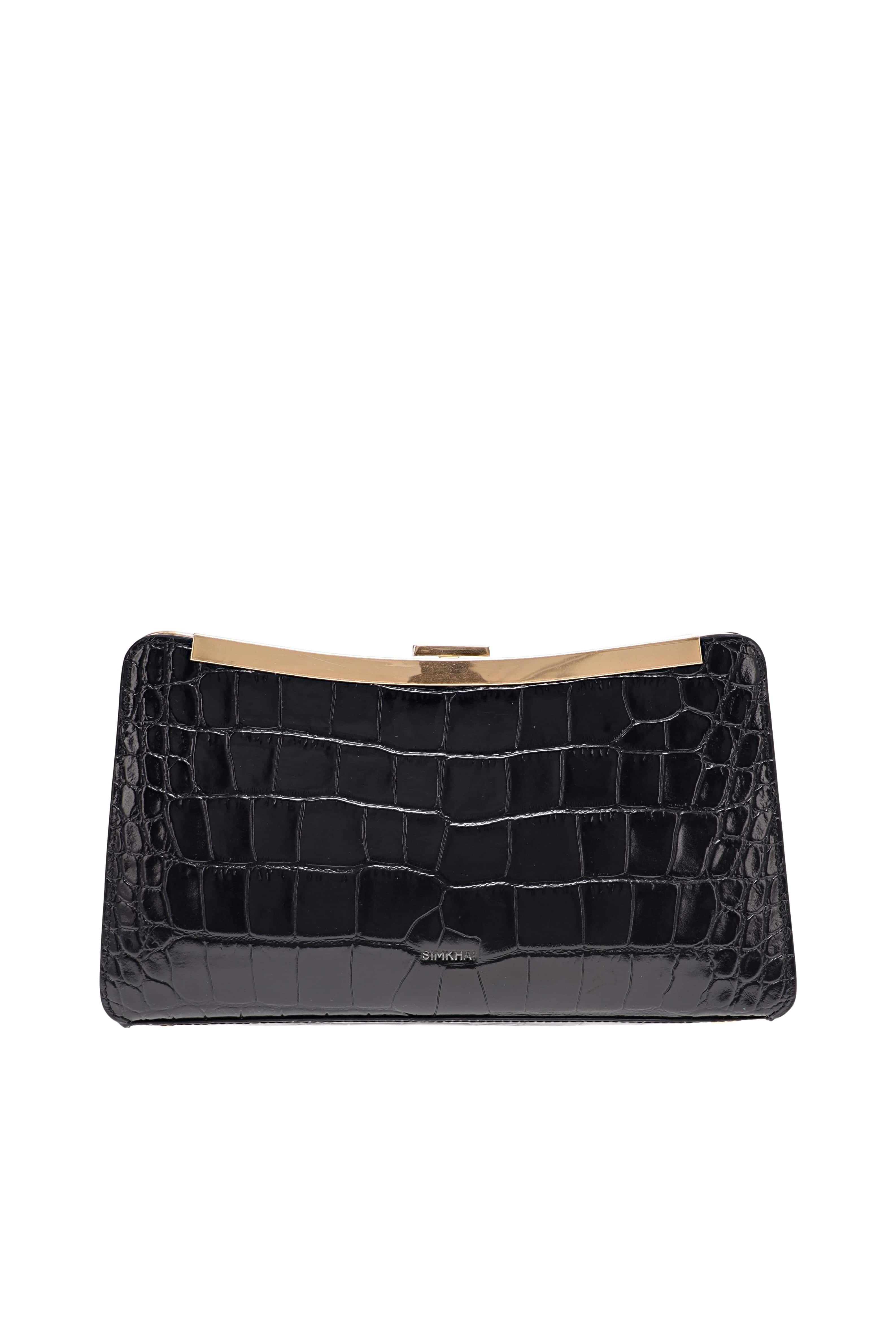 SIMKHAI Solange Black Croc Embossed Clutch Bag