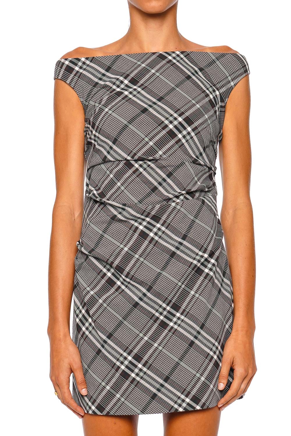 SIMKHAI Wells Everglade Plaid Off Shoulder Mini Dress