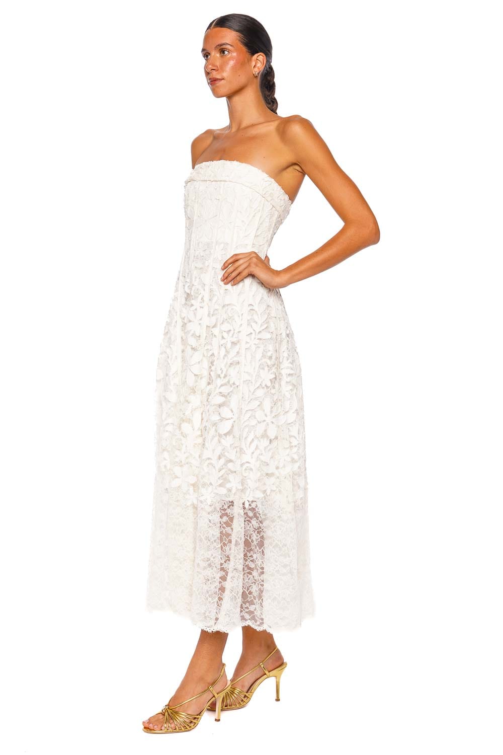 SIMKHAI Imogen White Lace Strapless Bustier Midi Dress