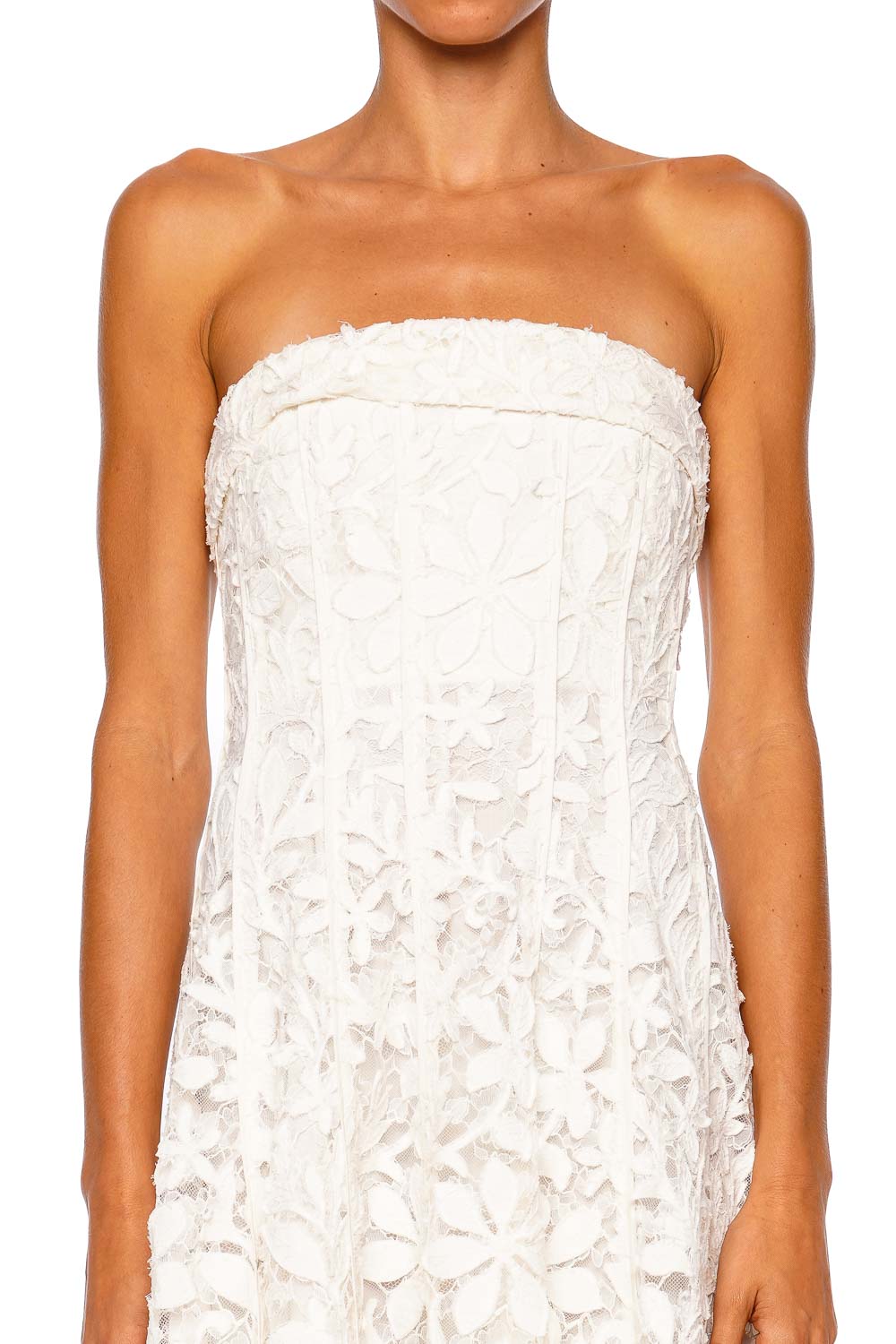 SIMKHAI Imogen White Lace Strapless Bustier Midi Dress