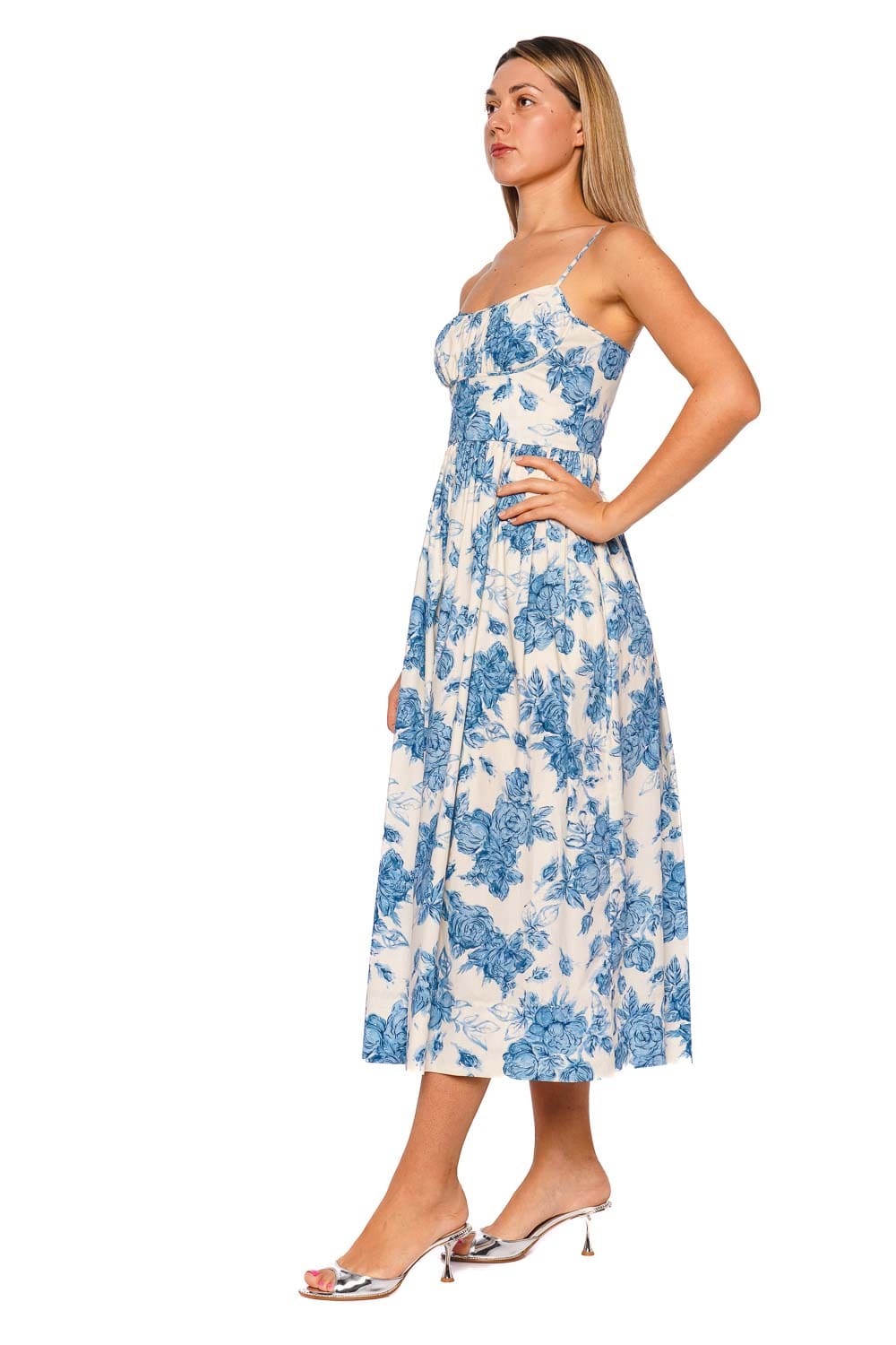 Cara Cara Alba Tossed Floral Blue Midi Dress with Spaghetti Straps