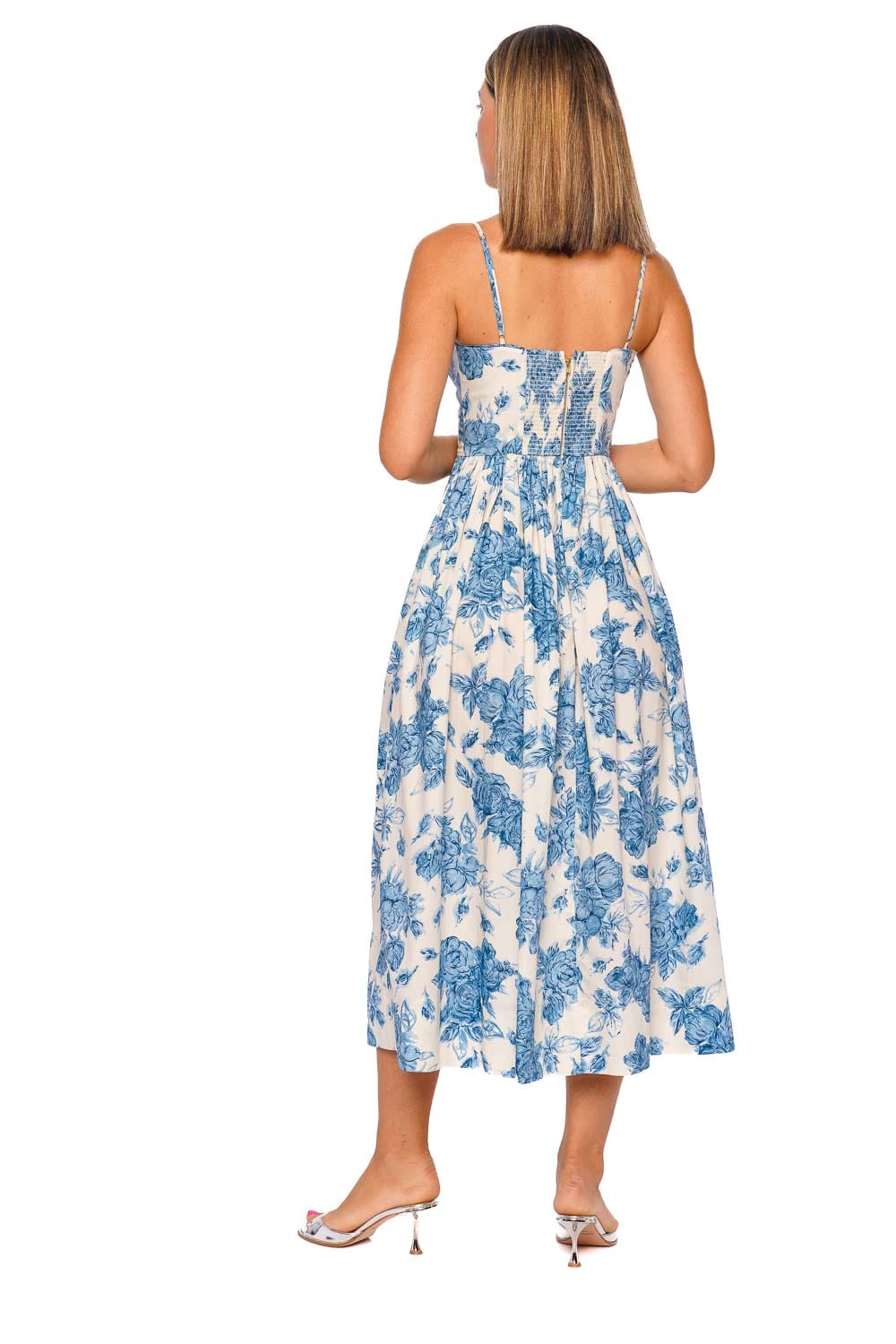 Cara Cara Alba Tossed Floral Blue Midi Dress with Spaghetti Straps