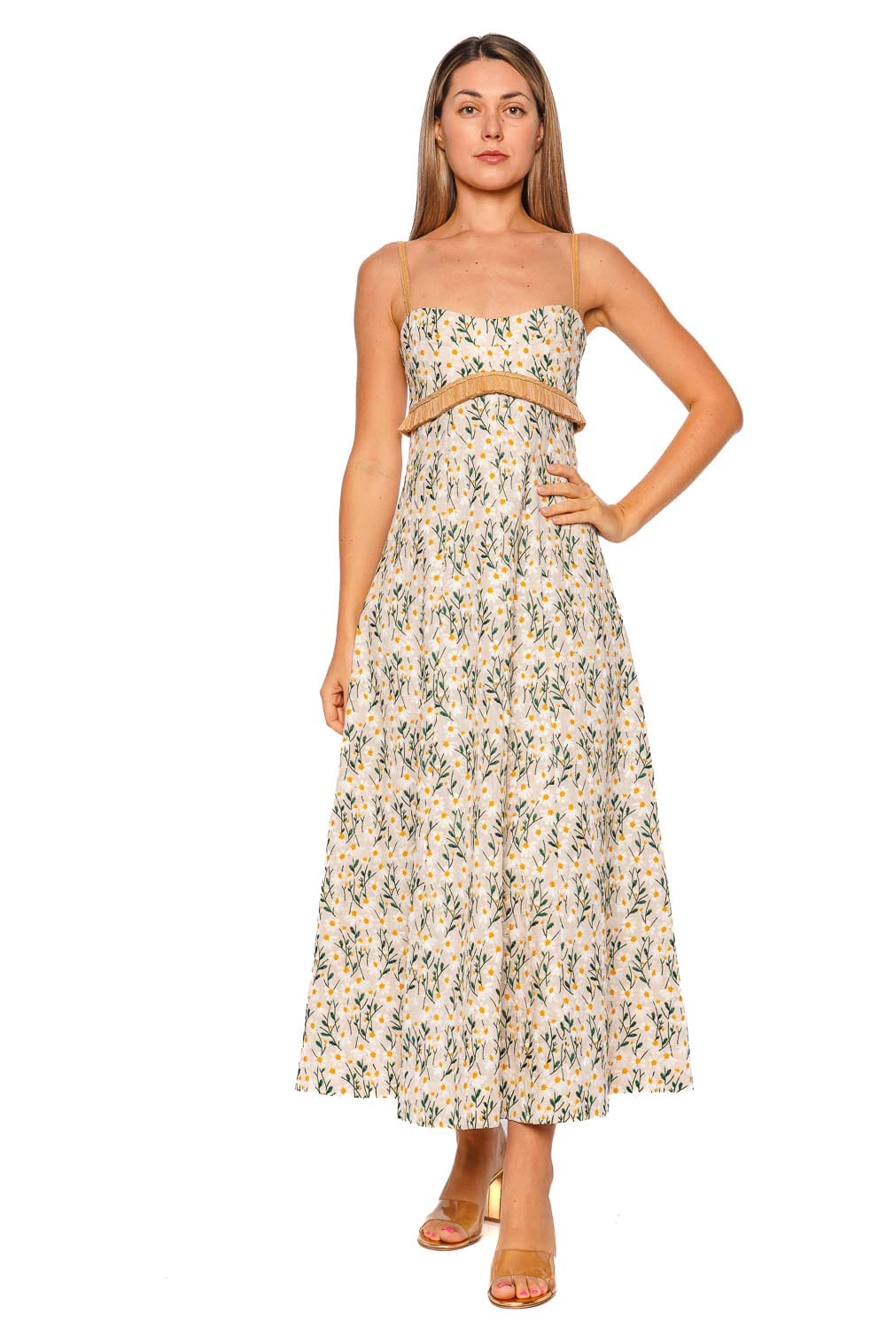 CLEA Salvador Daisy Meadow Raffia Fringe Midi Dress