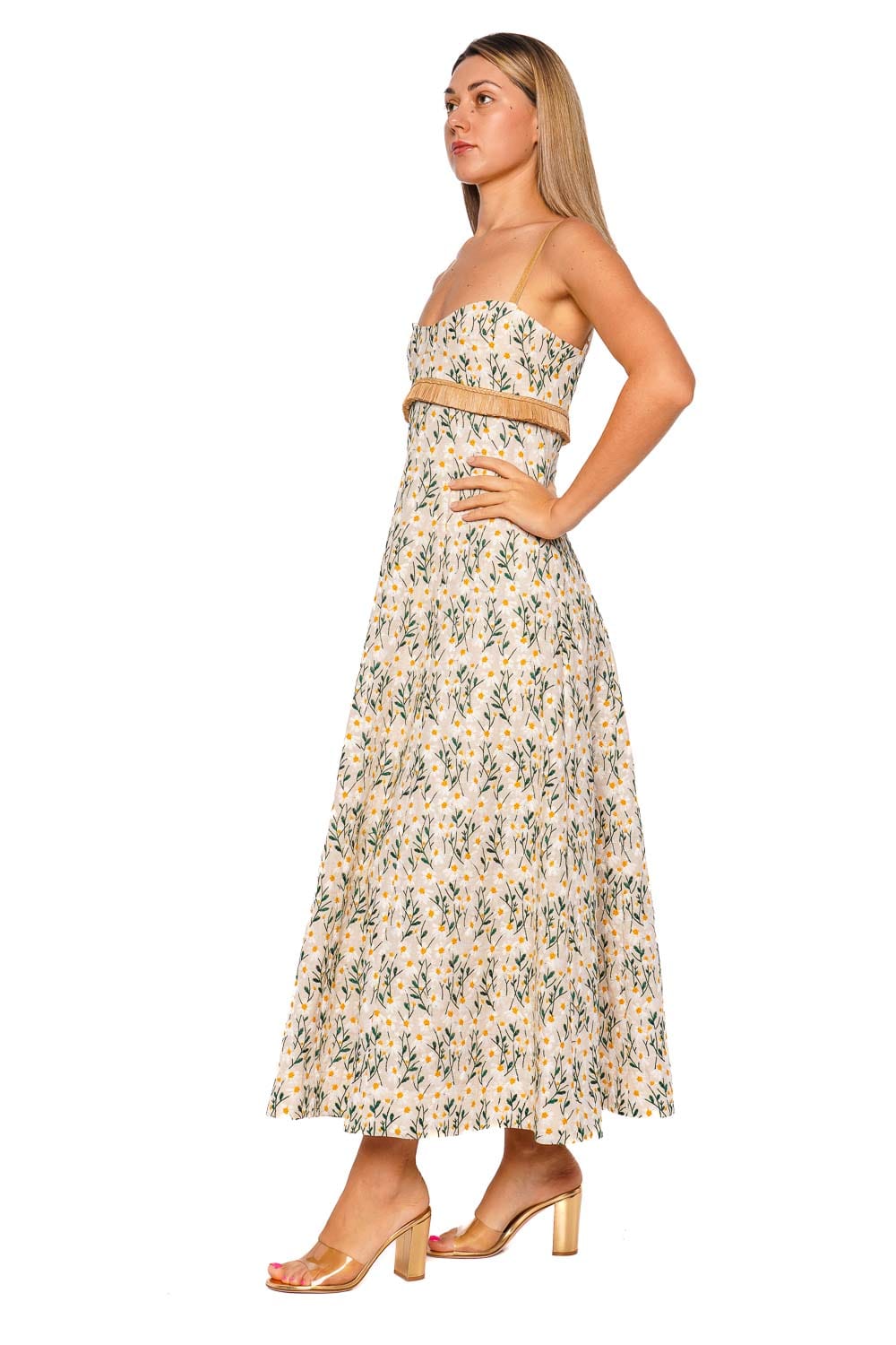 CLEA Salvador Daisy Meadow Raffia Fringe Midi Dress