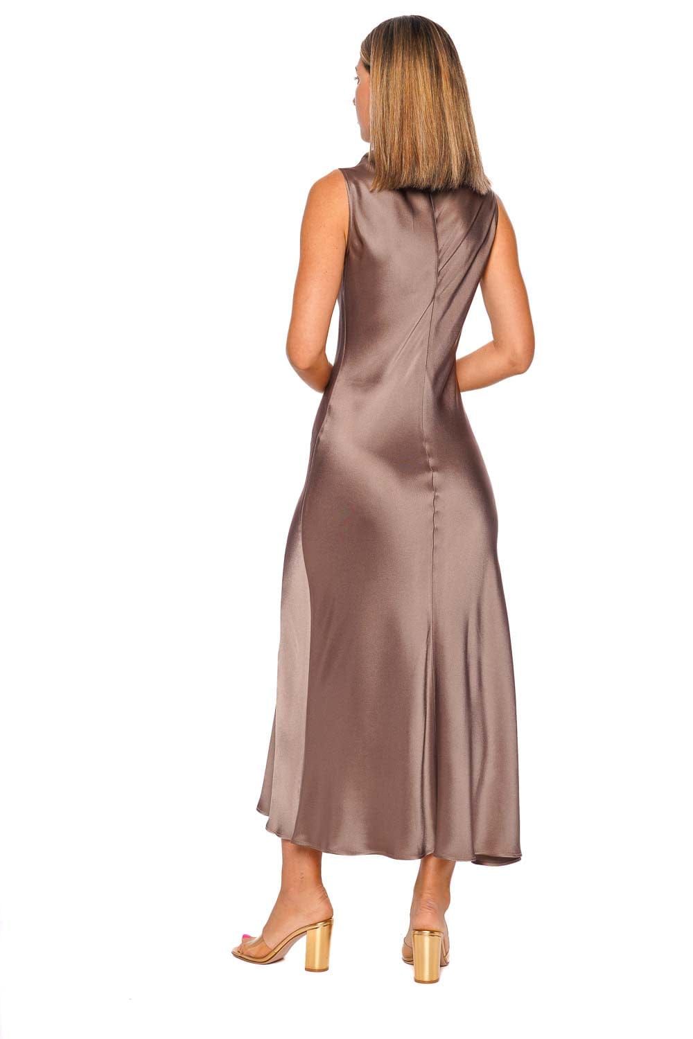 LAPOINTE Cinder Satin Drape Neck Sleeveless Midi Dress