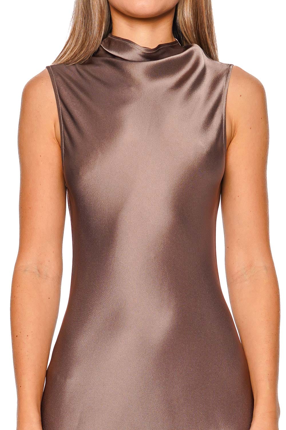 LAPOINTE Cinder Satin Drape Neck Sleeveless Midi Dress