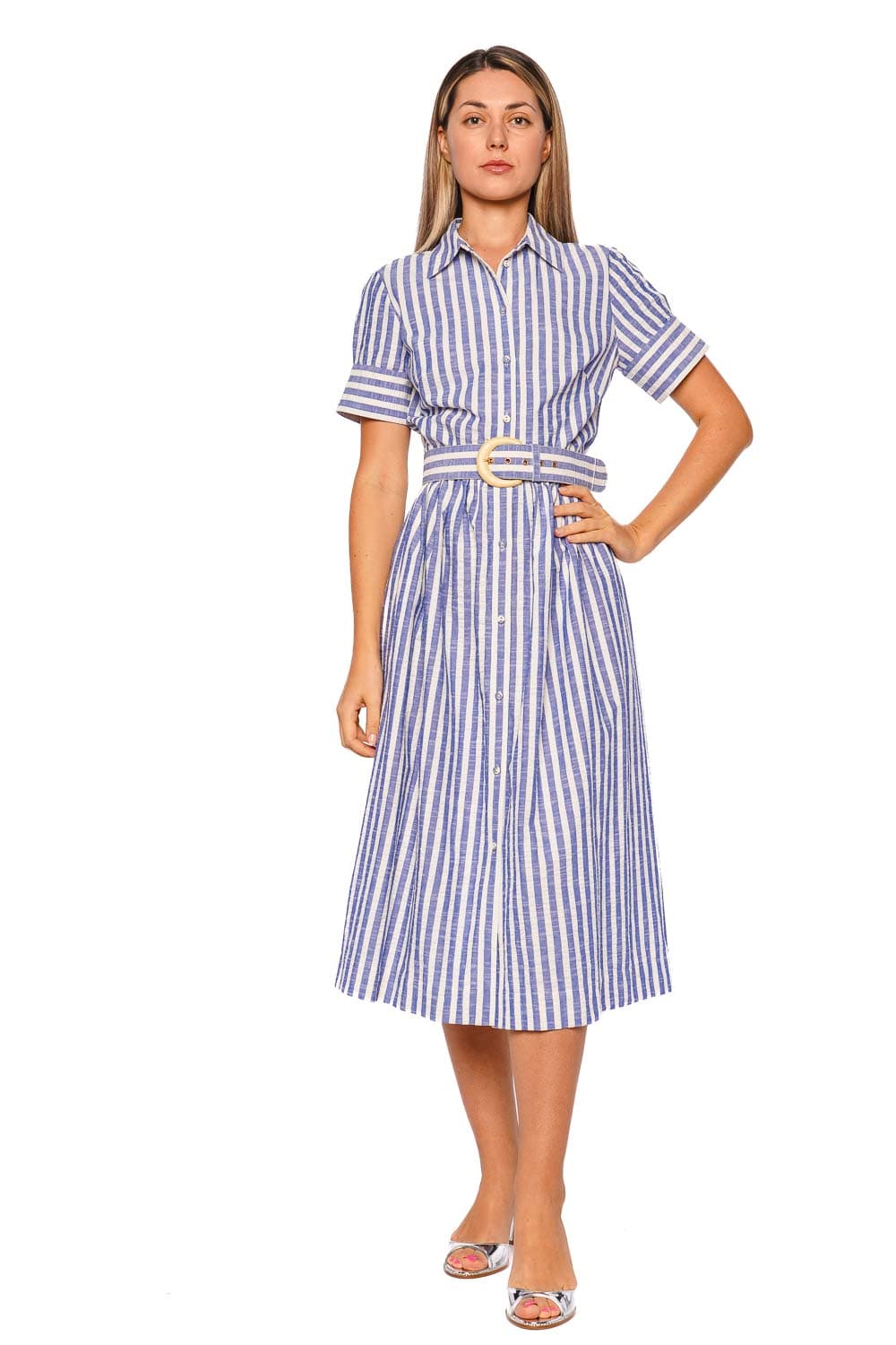 Cara Cara Malena Blue Stripe Seersucker Shirt Dress with Short Sleeves