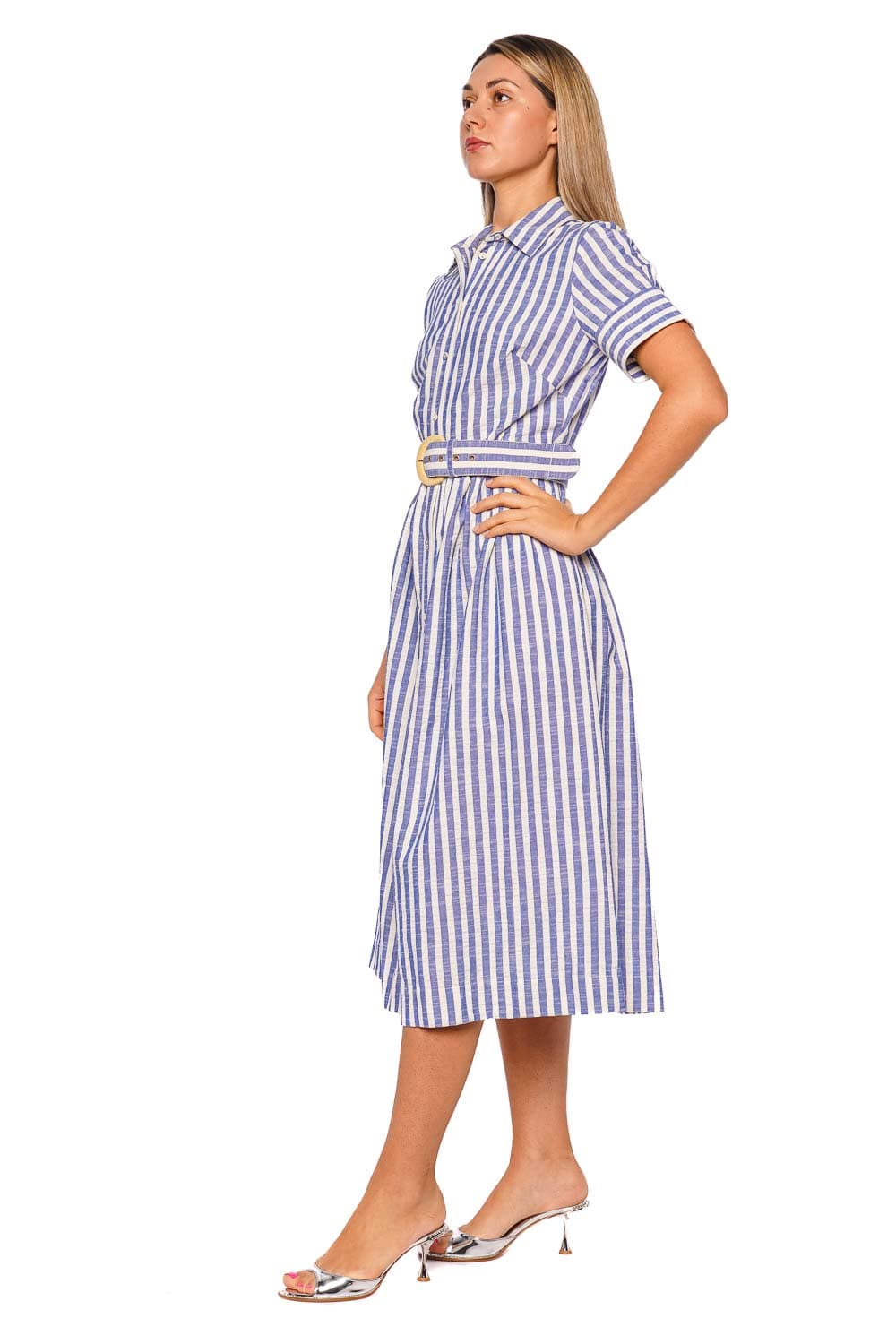 Cara Cara Malena Blue Stripe Seersucker Shirt Dress with Short Sleeves