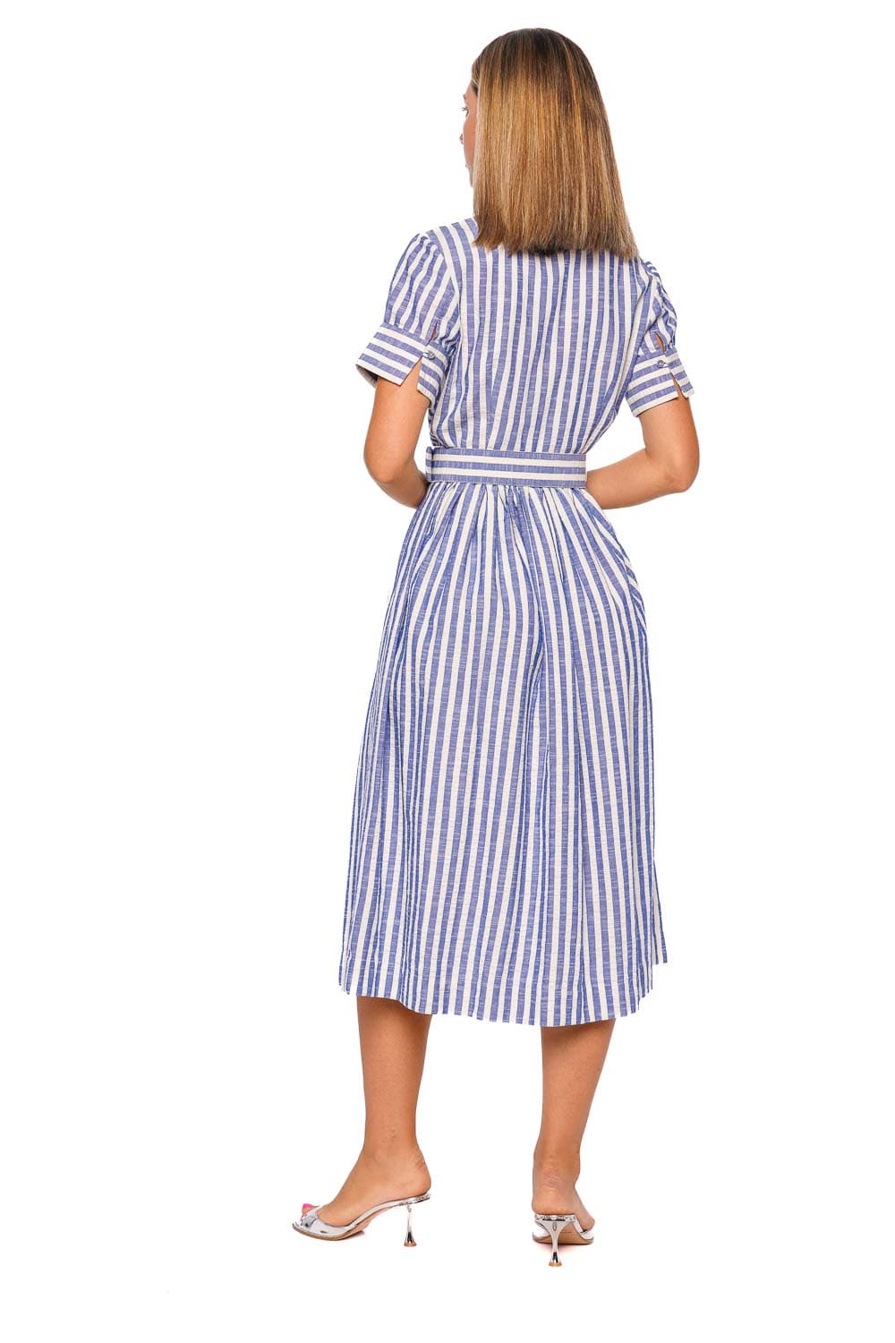 Cara Cara Malena Blue Stripe Seersucker Shirt Dress with Short Sleeves